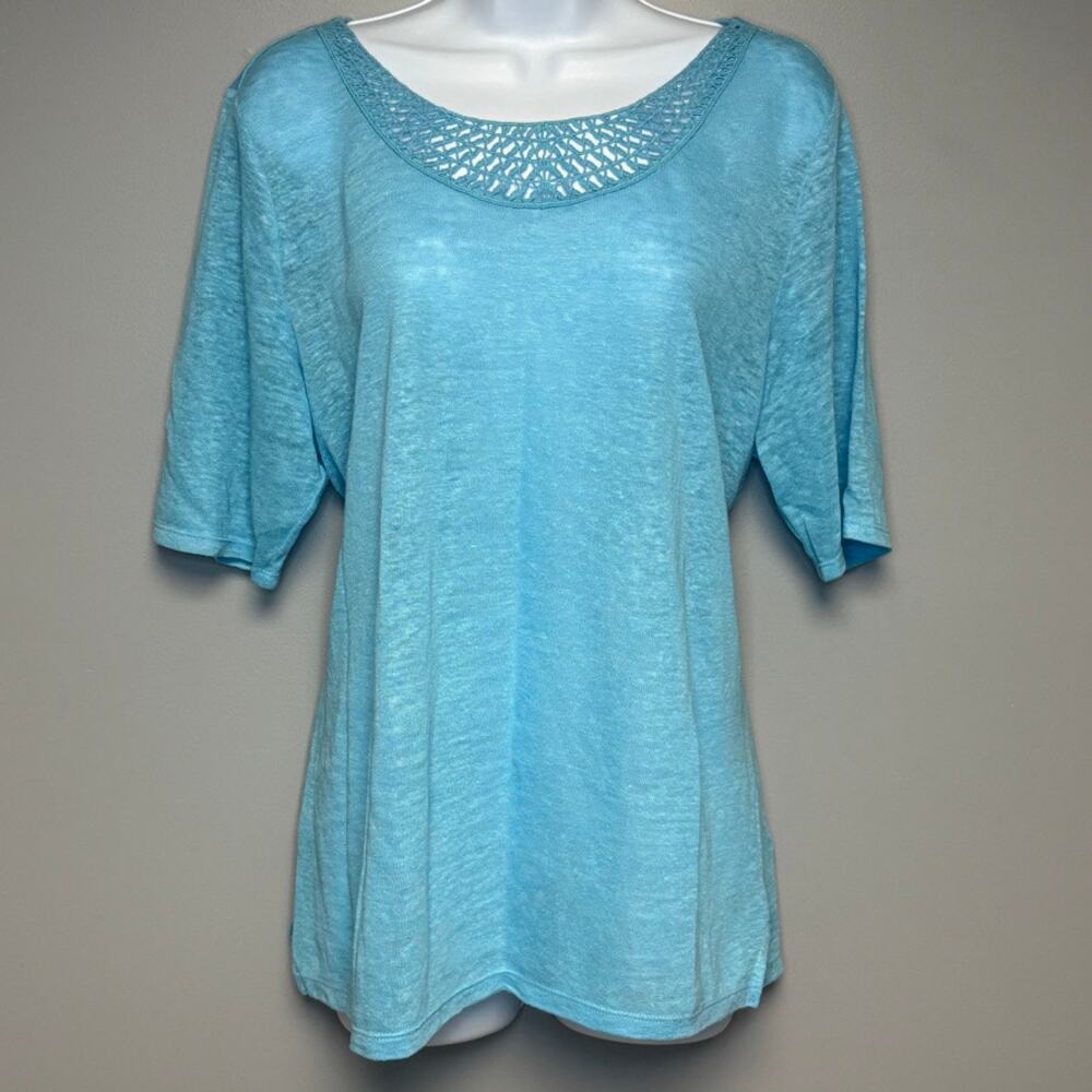 Talbots 100% Linen Crocheted Light Blue Beachy Nautical Resortwear Knit Top Sz L